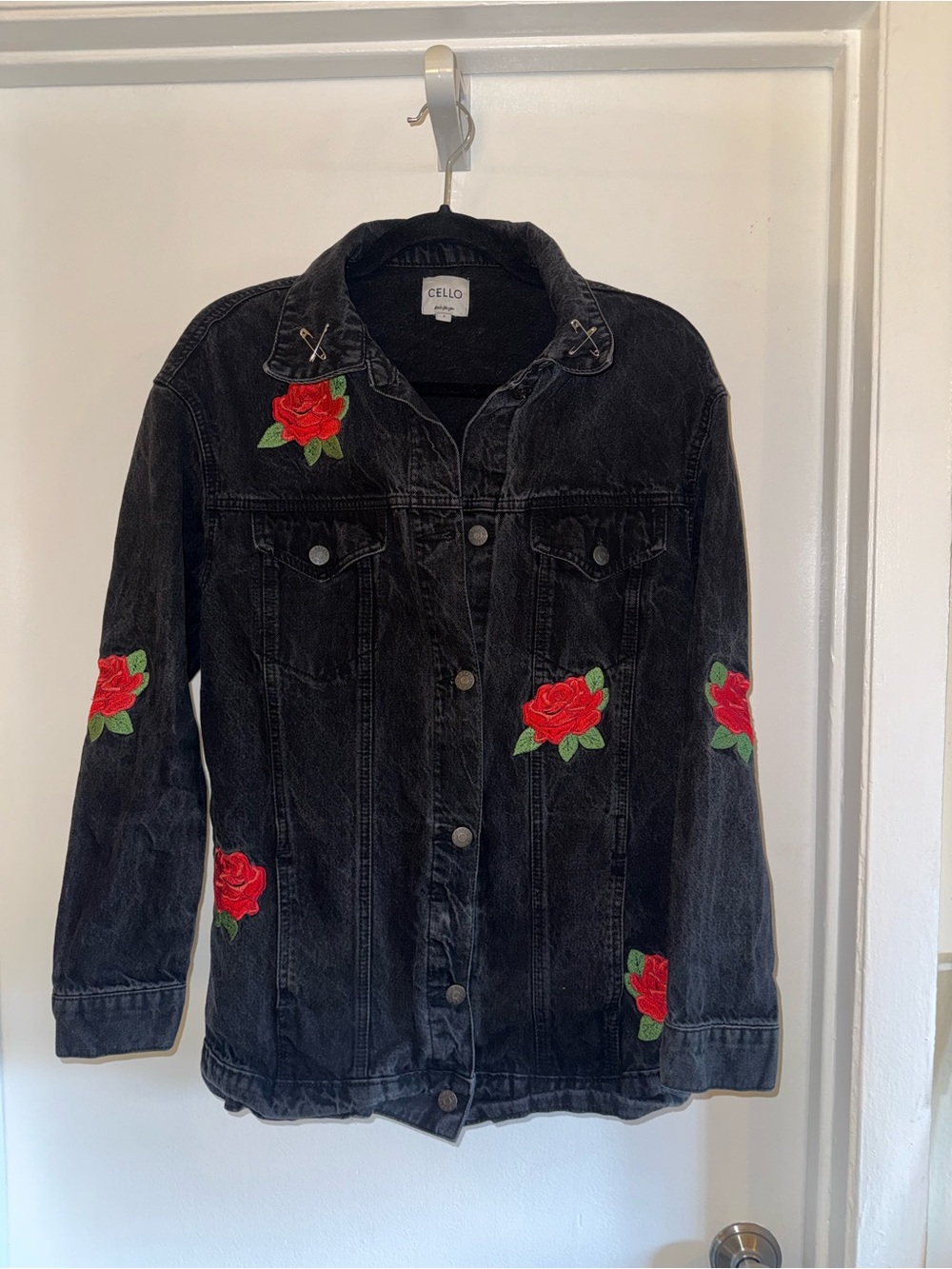 Cello Rebel Rose Embroidered Black Denim Jacket Size S Oversized Rocker Moto